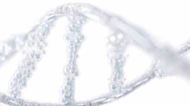 Seçici parçacıklardan alınan gümüş DNA molekülü beyaz arkaplan ve yeşil ekrana odaklanıyor. Bilim ya da kozmetik endüstrisi konsepti. Element canlandırması, 3 boyutlu canlandırma.
