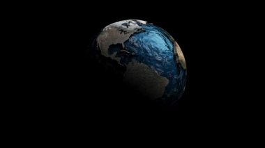 Siyah arka planda Dünya küresi. Yandan ışık geliyor. Animasyon kendi etrafında kusursuz döngü etrafında döner. 3B Hazırlama.