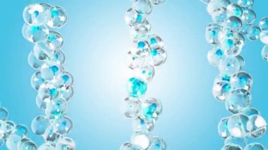 Moleküler kimyasal formül parçacıklardan DNA molekülünde H2O. Su molekülleri mavi ve beyaz renkli animasyon mavi ve yeşil ekran arkaplanı. Fen veya Kozmetik endüstrisinde kullanılabilir, 3D oluşturma.