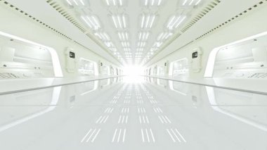 Bilim laboratuarı ya da bilim kurgu koridoru. Bilim unsurları ve yenilik geçmişi. Animasyonsuz döngü, 3B Render.