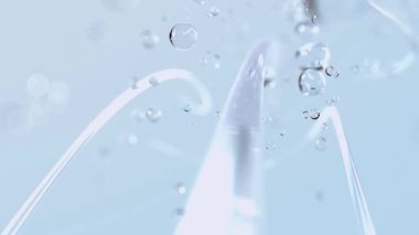 Sıvı kabarcık seçici odaklanma animasyonu ya hareket eder ya da kolajen serumunu düşürür. Kozmetik reklam geçmişi. 3d oluşturma.