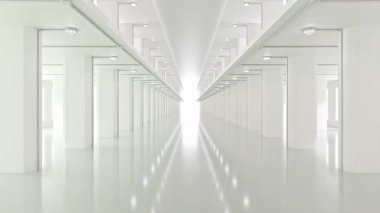 Bilim laboratuarı ya da bilim kurgu koridoru. Bilim unsurları ve yenilik geçmişi. Animasyonsuz döngü, 3B Render.