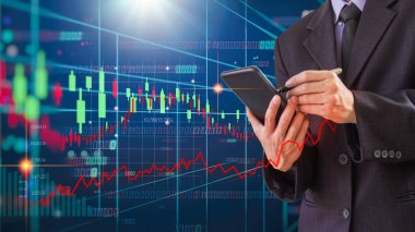 Finansal yatırım konsepti için uygun borsa veya önx ticaret grafiği ve şamdan grafiği. Ekonomik trendler iş fikri ve tüm sanat tasarımı için arka plan. Soyut finans arkaplanı.