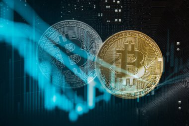 Modern bir takas yöntemi. Bitcoin küresel ekonomi piyasasında uygun bir ödemedir. Sanal dijital para birimi ve finansal yatırım ticaret kavramı. Altın bitcoin arka planına sahip soyut kripto para birimi.
