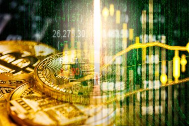 Modern bir takas yöntemi. Bitcoin küresel ekonomi piyasasında uygun bir ödemedir. Sanal dijital para birimi ve finansal yatırım ticaret kavramı. Altın bitcoin arka planına sahip soyut kripto para birimi.