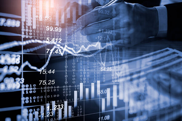 Stock market or forex trading graph and candlestick chart suitable for financial investment concept. Economy trends background for business idea and all art work design. Abstract finance background.