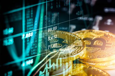 Modern bir takas yöntemi. Bitcoin küresel ekonomi piyasasında uygun bir ödemedir. Sanal dijital para birimi ve finansal yatırım ticaret kavramı. Altın bitcoin arka planına sahip soyut kripto para birimi.