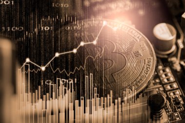 Modern bir takas yöntemi. Bitcoin küresel ekonomi piyasasında uygun bir ödemedir. Sanal dijital para birimi ve finansal yatırım ticaret kavramı. Altın bitcoin arka planına sahip soyut kripto para birimi.