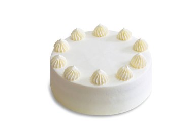 Beyaz izole edilmiş arka planda kesme yolları olan ev yapımı kek. Yumuşak ve hafif sunmak için süt kremalı sade pandispanya. Doğum günü pastası veya sevgililer günü tatlısı için fırın konsepti.