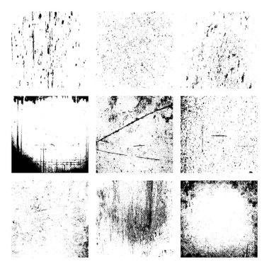 Siyah beyaz grunge seti. Tehlike örtüsü dokusu. Soyut yüzey tozu ve kaba duvar arkaplanı kavramı. Sıkıntı illüstrasyonu, grunge etkisi yaratmak için basitçe nesnenin üzerine yerleştirilir. Vektör EPS10.