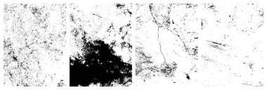 Siyah beyaz grunge seti. Tehlike örtüsü dokusu. Soyut yüzey tozu ve kaba duvar arkaplanı kavramı. Sıkıntı illüstrasyonu, grunge etkisi yaratmak için basitçe nesnenin üzerine yerleştirilir. Vektör EPS10.