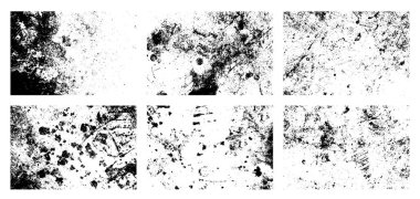 Siyah beyaz grunge seti. Tehlike örtüsü dokusu. Soyut yüzey tozu ve kaba duvar arkaplanı kavramı. Sıkıntı illüstrasyonu, grunge etkisi yaratmak için basitçe nesnenin üzerine yerleştirilir. Vektör EPS10.