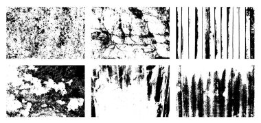 Siyah beyaz grunge seti. Tehlike örtüsü dokusu. Soyut yüzey tozu ve kaba duvar arkaplanı kavramı. Sıkıntı illüstrasyonu, grunge etkisi yaratmak için basitçe nesnenin üzerine yerleştirilir. Vektör EPS10.