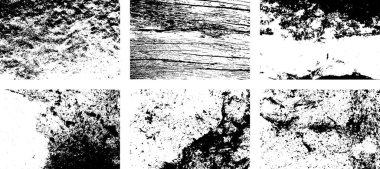 Siyah beyaz grunge seti. Tehlike örtüsü dokusu. Soyut yüzey tozu ve kaba duvar arkaplanı kavramı. Sıkıntı illüstrasyonu, grunge etkisi yaratmak için basitçe nesnenin üzerine yerleştirilir. Vektör EPS10.