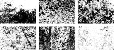 Siyah beyaz grunge seti. Tehlike örtüsü dokusu. Soyut yüzey tozu ve kaba duvar arkaplanı kavramı. Sıkıntı illüstrasyonu, grunge etkisi yaratmak için basitçe nesnenin üzerine yerleştirilir. Vektör EPS10.
