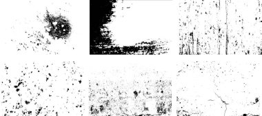 Siyah beyaz grunge seti. Tehlike örtüsü dokusu. Soyut yüzey tozu ve kaba duvar arkaplanı kavramı. Sıkıntı illüstrasyonu, grunge etkisi yaratmak için basitçe nesnenin üzerine yerleştirilir. Vektör EPS10.