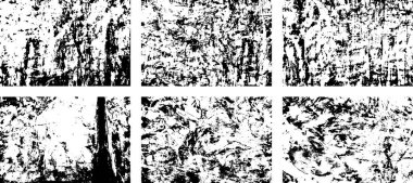 Siyah beyaz grunge seti. Tehlike örtüsü dokusu. Yüzey tozu ve kaba duvar arkası konsepti. Sıkıntı illüstrasyonu, grunge etkisi yaratmak için basitçe nesnenin üzerine yerleştirilir. Vektör EPS10.