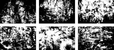 Siyah beyaz grunge seti. Tehlike örtüsü dokusu. Yüzey tozu ve kaba duvar arkası konsepti. Sıkıntı illüstrasyonu, grunge etkisi yaratmak için basitçe nesnenin üzerine yerleştirilir. Vektör EPS10.