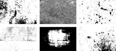 Siyah beyaz grunge seti. Tehlike örtüsü dokusu. Yüzey tozu ve kaba duvar arkası konsepti. Sıkıntı illüstrasyonu, grunge etkisi yaratmak için basitçe nesnenin üzerine yerleştirilir. Vektör EPS10.