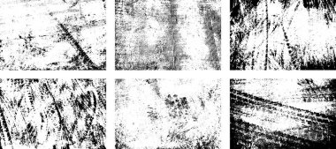 Siyah beyaz grunge seti. Tehlike örtüsü dokusu. Yüzey tozu ve kaba duvar arkası konsepti. Sıkıntı illüstrasyonu, grunge etkisi yaratmak için basitçe nesnenin üzerine yerleştirilir. Vektör EPS10.