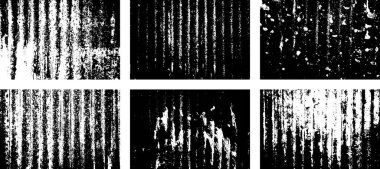 Siyah beyaz grunge seti. Tehlike örtüsü dokusu. Yüzey tozu ve kaba duvar arkası konsepti. Sıkıntı illüstrasyonu, grunge etkisi yaratmak için basitçe nesnenin üzerine yerleştirilir. Vektör EPS10.