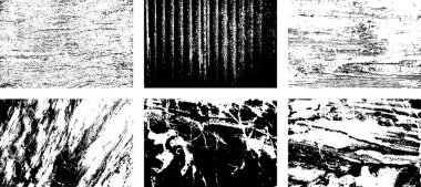 Siyah beyaz grunge seti. Tehlike örtüsü dokusu. Yüzey tozu ve kaba duvar arkası konsepti. Sıkıntı illüstrasyonu, grunge etkisi yaratmak için basitçe nesnenin üzerine yerleştirilir. Vektör EPS10.