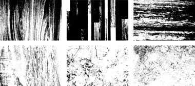 Siyah beyaz grunge seti. Tehlike örtüsü dokusu. Yüzey tozu ve kaba duvar arkası konsepti. Sıkıntı illüstrasyonu, grunge etkisi yaratmak için basitçe nesnenin üzerine yerleştirilir. Vektör EPS10.