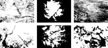 Siyah beyaz grunge seti. Tehlike örtüsü dokusu. Yüzey tozu ve kaba duvar arkası konsepti. Sıkıntı illüstrasyonu, grunge etkisi yaratmak için basitçe nesnenin üzerine yerleştirilir. Vektör EPS10.