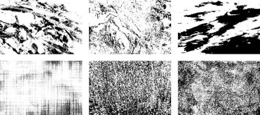 Siyah beyaz grunge seti. Tehlike örtüsü dokusu. Yüzey tozu ve kaba duvar arkası konsepti. Sıkıntı illüstrasyonu, grunge etkisi yaratmak için basitçe nesnenin üzerine yerleştirilir. Vektör EPS10.