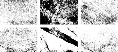 Siyah beyaz grunge seti. Tehlike örtüsü dokusu. Yüzey tozu ve kaba duvar arkası konsepti. Sıkıntı illüstrasyonu, grunge etkisi yaratmak için basitçe nesnenin üzerine yerleştirilir. Vektör EPS10.