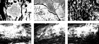Siyah beyaz grunge seti. Tehlike örtüsü dokusu. Yüzey tozu ve kaba duvar arkası konsepti. Sıkıntı illüstrasyonu, grunge etkisi yaratmak için basitçe nesnenin üzerine yerleştirilir. Vektör EPS10.