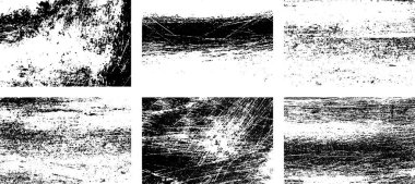 Siyah beyaz grunge seti. Tehlike örtüsü dokusu. Yüzey tozu ve kaba duvar arkası konsepti. Sıkıntı illüstrasyonu, grunge etkisi yaratmak için basitçe nesnenin üzerine yerleştirilir. Vektör EPS10.