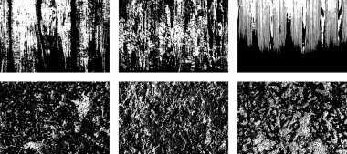 Siyah beyaz grunge seti. Tehlike örtüsü dokusu. Yüzey tozu ve kaba duvar arkası konsepti. Sıkıntı illüstrasyonu, grunge etkisi yaratmak için basitçe nesnenin üzerine yerleştirilir. Vektör EPS10.