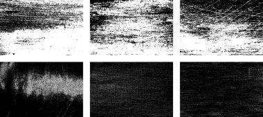 Siyah beyaz grunge seti. Tehlike örtüsü dokusu. Yüzey tozu ve kaba duvar arkası konsepti. Sıkıntı illüstrasyonu, grunge etkisi yaratmak için basitçe nesnenin üzerine yerleştirilir. Vektör EPS10.