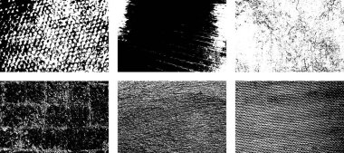 Siyah beyaz grunge seti. Tehlike örtüsü dokusu. Yüzey tozu ve kaba duvar arkası konsepti. Sıkıntı illüstrasyonu, grunge etkisi yaratmak için basitçe nesnenin üzerine yerleştirilir. Vektör EPS10.