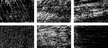 Siyah beyaz grunge seti. Tehlike örtüsü dokusu. Yüzey tozu ve kaba duvar arkası konsepti. Sıkıntı illüstrasyonu, grunge etkisi yaratmak için basitçe nesnenin üzerine yerleştirilir. Vektör EPS10.