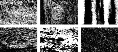 Siyah beyaz grunge seti. Tehlike örtüsü dokusu. Yüzey tozu ve kaba duvar arkası konsepti. Sıkıntı illüstrasyonu, grunge etkisi yaratmak için basitçe nesnenin üzerine yerleştirilir. Vektör EPS10.