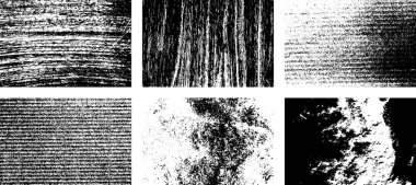 Siyah beyaz grunge seti. Tehlike örtüsü dokusu. Yüzey tozu ve kaba duvar arkası konsepti. Sıkıntı illüstrasyonu, grunge etkisi yaratmak için basitçe nesnenin üzerine yerleştirilir. Vektör EPS10.