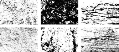 Siyah beyaz grunge seti. Tehlike örtüsü dokusu. Yüzey tozu ve kaba duvar arkası konsepti. Sıkıntı illüstrasyonu, grunge etkisi yaratmak için basitçe nesnenin üzerine yerleştirilir. Vektör EPS10.