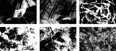 Siyah beyaz grunge seti. Tehlike örtüsü dokusu. Yüzey tozu ve kaba duvar arkası konsepti. Sıkıntı illüstrasyonu, grunge etkisi yaratmak için basitçe nesnenin üzerine yerleştirilir. Vektör EPS10.