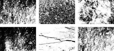 Siyah beyaz grunge seti. Tehlike örtüsü dokusu. Yüzey tozu ve kaba duvar arkası konsepti. Sıkıntı illüstrasyonu, grunge etkisi yaratmak için basitçe nesnenin üzerine yerleştirilir. Vektör EPS10.