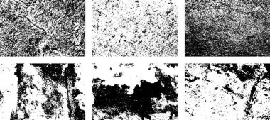 Siyah beyaz grunge seti. Tehlike örtüsü dokusu. Yüzey tozu ve kaba duvar arkası konsepti. Sıkıntı illüstrasyonu, grunge etkisi yaratmak için basitçe nesnenin üzerine yerleştirilir. Vektör EPS10.