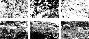 Siyah beyaz grunge seti. Tehlike örtüsü dokusu. Yüzey tozu ve kaba duvar arkası konsepti. Sıkıntı illüstrasyonu, grunge etkisi yaratmak için basitçe nesnenin üzerine yerleştirilir. Vektör EPS10.