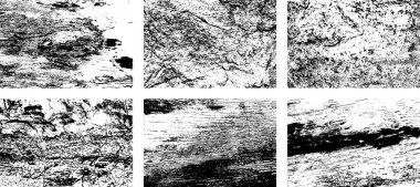 Siyah beyaz grunge seti. Tehlike örtüsü dokusu. Yüzey tozu ve kaba duvar arkası konsepti. Sıkıntı illüstrasyonu, grunge etkisi yaratmak için basitçe nesnenin üzerine yerleştirilir. Vektör EPS10.