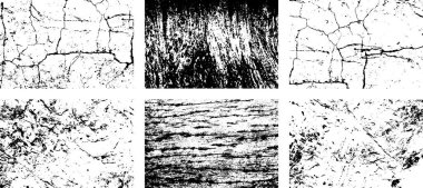 Siyah beyaz grunge seti. Tehlike örtüsü dokusu. Yüzey tozu ve kaba duvar arkası konsepti. Sıkıntı illüstrasyonu, grunge etkisi yaratmak için basitçe nesnenin üzerine yerleştirilir. Vektör EPS10.