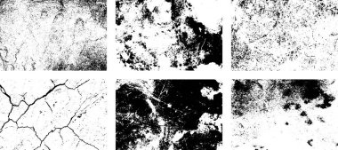 Siyah beyaz grunge seti. Tehlike örtüsü dokusu. Yüzey tozu ve kaba duvar arkası konsepti. Sıkıntı illüstrasyonu, grunge etkisi yaratmak için basitçe nesnenin üzerine yerleştirilir. Vektör EPS10.