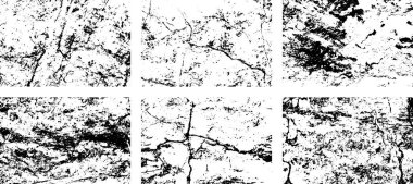 Siyah beyaz grunge seti. Tehlike örtüsü dokusu. Yüzey tozu ve kaba duvar arkası konsepti. Sıkıntı illüstrasyonu, grunge etkisi yaratmak için basitçe nesnenin üzerine yerleştirilir. Vektör EPS10.