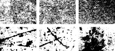 Siyah beyaz grunge seti. Tehlike örtüsü dokusu. Yüzey tozu ve kaba duvar arkası konsepti. Sıkıntı illüstrasyonu, grunge etkisi yaratmak için basitçe nesnenin üzerine yerleştirilir. Vektör EPS10.