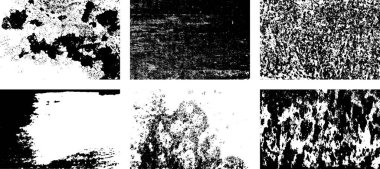 Siyah beyaz grunge seti. Tehlike örtüsü dokusu. Yüzey tozu ve kaba duvar arkası konsepti. Sıkıntı illüstrasyonu, grunge etkisi yaratmak için basitçe nesnenin üzerine yerleştirilir. Vektör EPS10.