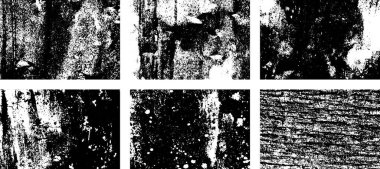 Siyah beyaz grunge seti. Tehlike örtüsü dokusu. Yüzey tozu ve kaba duvar arkası konsepti. Sıkıntı illüstrasyonu, grunge etkisi yaratmak için basitçe nesnenin üzerine yerleştirilir. Vektör EPS10.